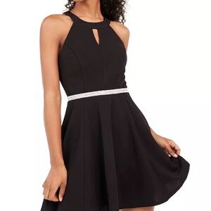 Emerald Sundae Black Halter Fit Flare Dress Rhinestone Embellished Waist Size L